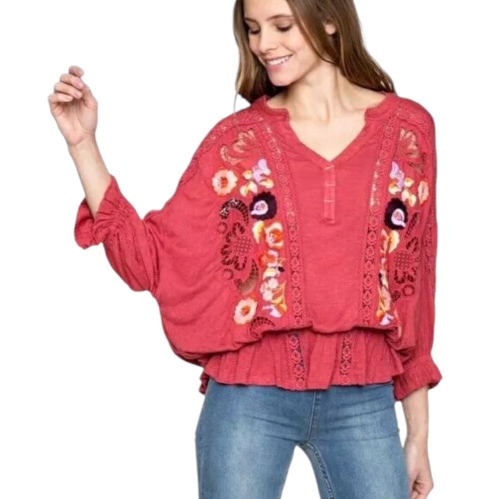FREE PEOPLE “Serafina” Embroidered Dolman-Sleeve Blouse